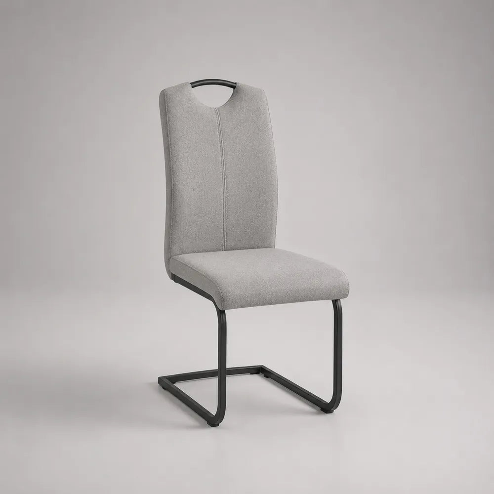 Sedia da pranzo schienale alto 48x45x92 cm tessuto poliestere grigio struttura in acciaio verniciato nero base a slitta con maniglia integrata design moderno