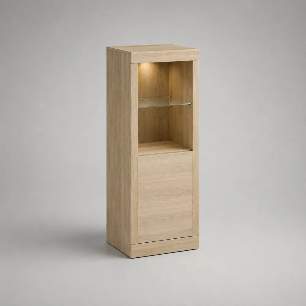 Vetrina credenza con luce LED 1 anta MDF effetto rovere chiaro ripiano in vetro struttura rettangolare 40 x 35 x 120 cm