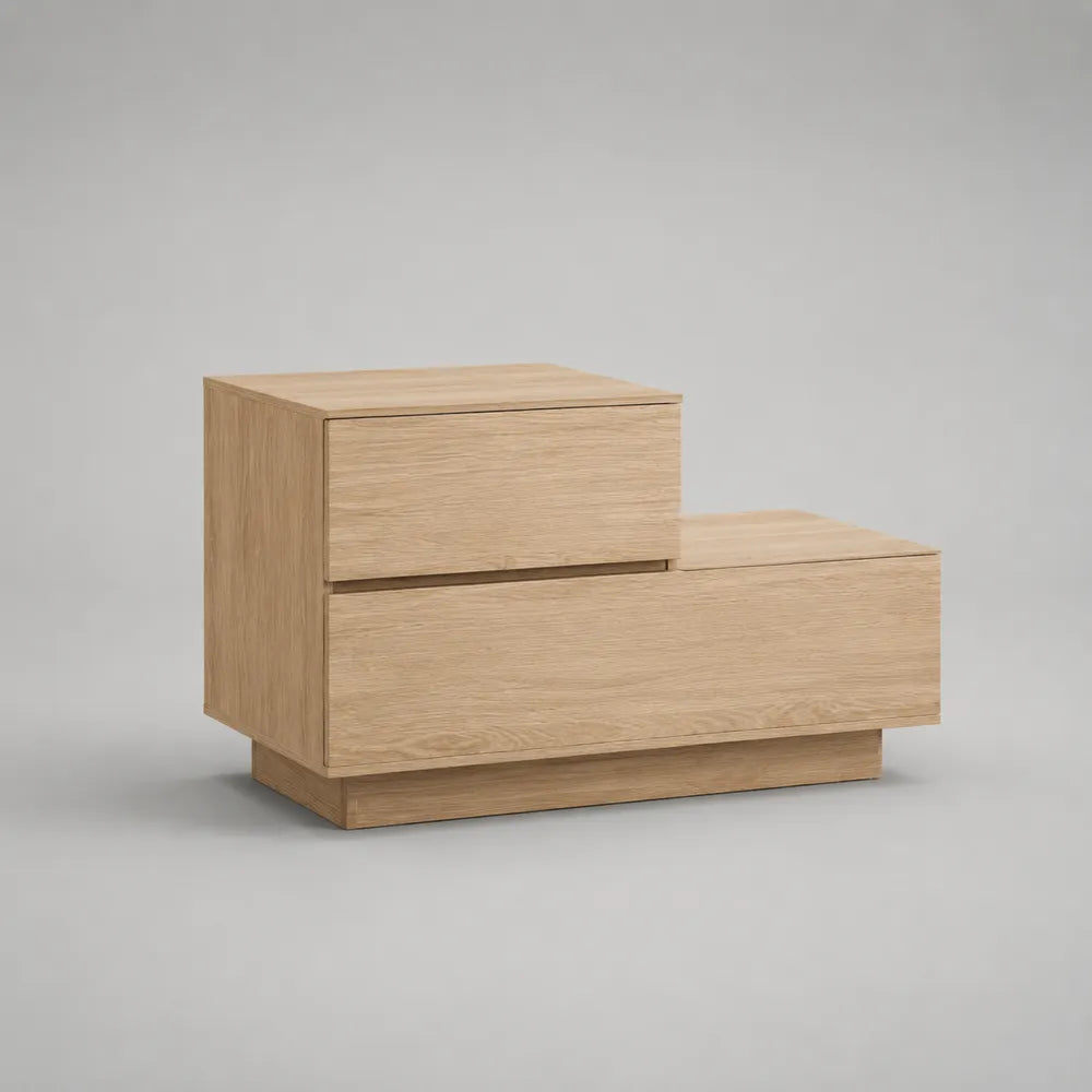 Comodino a due cassetti in MDF effetto rovere chiaro struttura a gradini 60 x 40 x 45 cm
