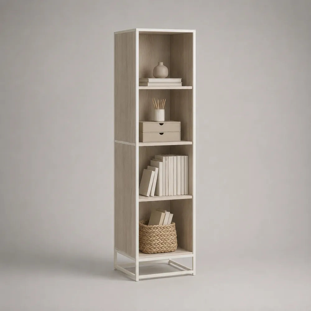 Libreria verticale in metallo verniciato bianco con ripiani in MDF effetto rovere chiaro struttura rettangolare 45 x 30 x 180 cm