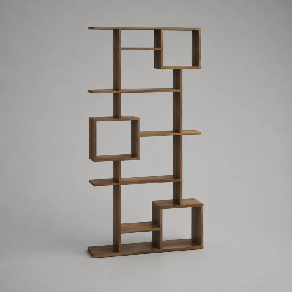 Libreria verticale in MDF effetto noce struttura asimmetrica a cubi aperti colore marrone 80 x 30 x 180 cm