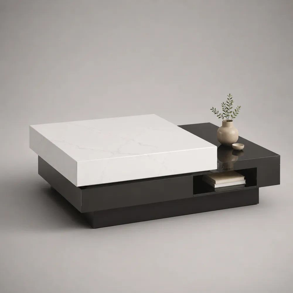 Tavolino da caffè 120 cm x 70 cm x 35 cm con piano effetto marmo bianco e struttura in legno laccato nero con ripiano aperto