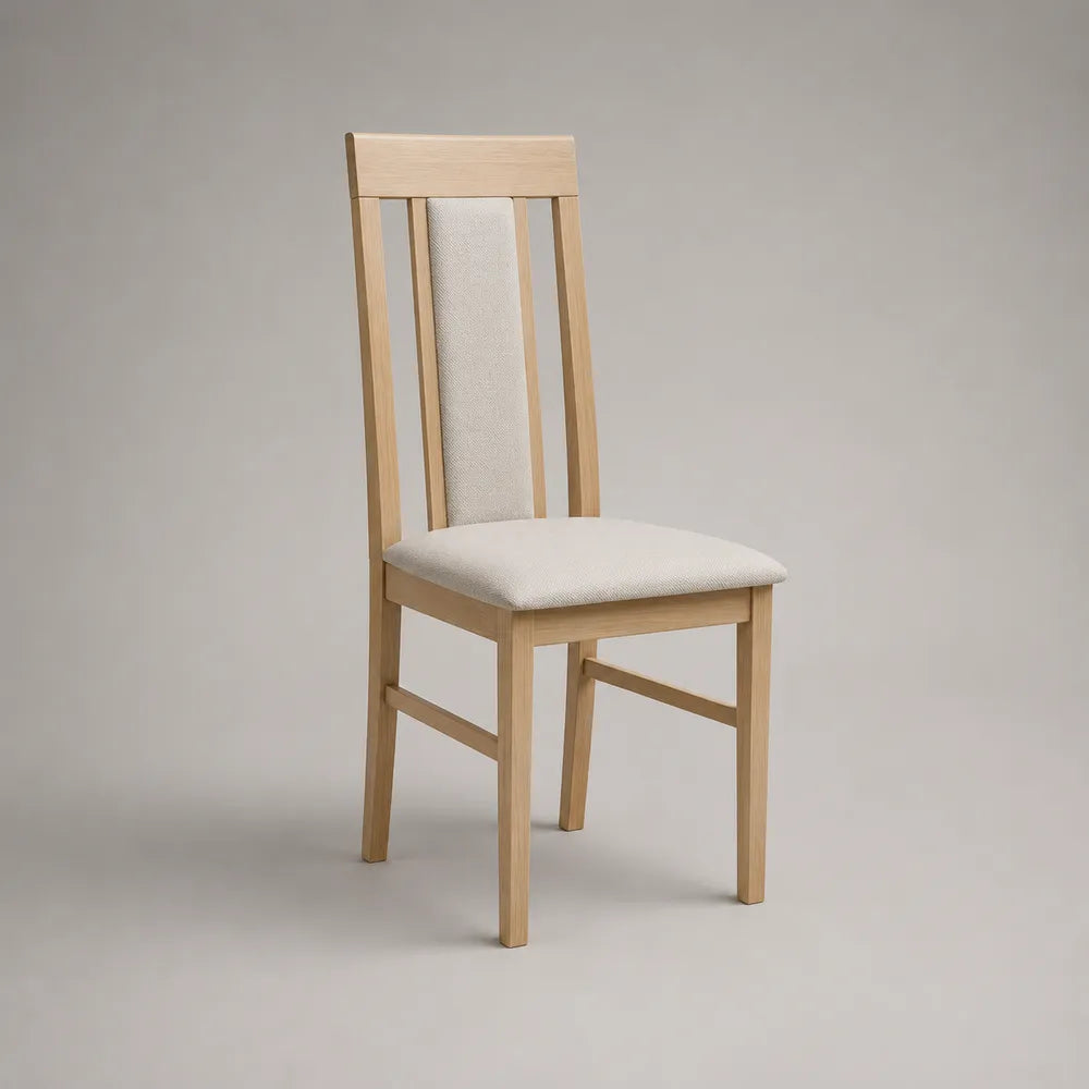 Sedia da pranzo 45x52x92 cm in legno massello di faggio con seduta imbottita tessuto poliestere beige schienale a doghe verticali colore naturale design moderno