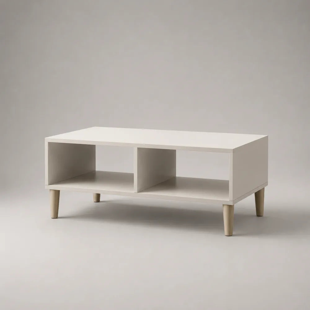 Tavolino da caffè rettangolare in MDF bianco con doppio ripiano e gambe in legno naturale 100 x 50 x 45 cm