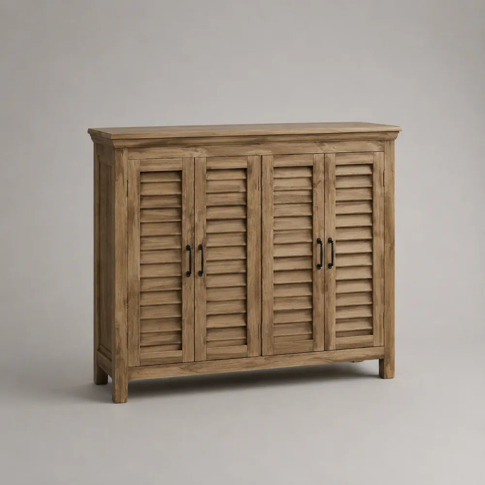 Credenza in legno massello effetto naturale con 4 ante a persiana struttura rettangolare con maniglie in metallo nero circa 160 cm x 40 cm x 85 cm
