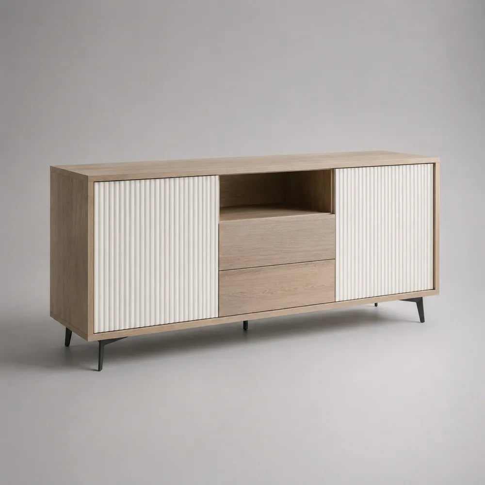 Credenza in MDF effetto rovere chiaro con 2 ante scorrevoli e 2 cassetti struttura rettangolare con gambe in metallo nero circa 160 cm x 40 cm x 80 cm