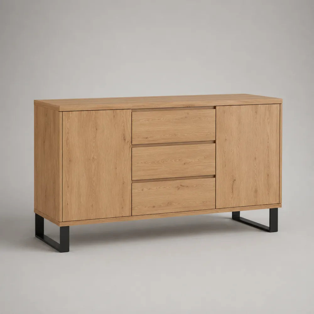 Credenza in MDF effetto rovere chiaro con 2 ante e 3 cassetti struttura rettangolare con gambe in metallo nero 140 cm x 40 cm x 80 cm