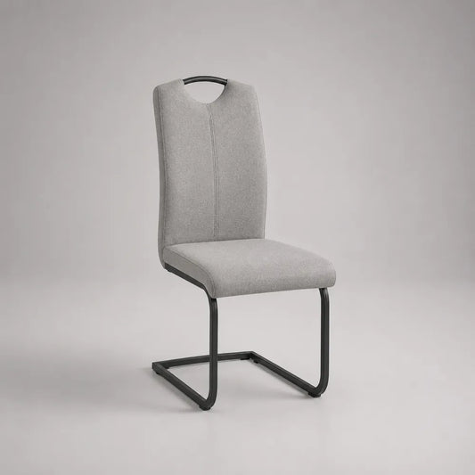 Sedia da pranzo schienale alto 48x45x92 cm tessuto poliestere grigio struttura in acciaio verniciato nero base a slitta con maniglia integrata design moderno