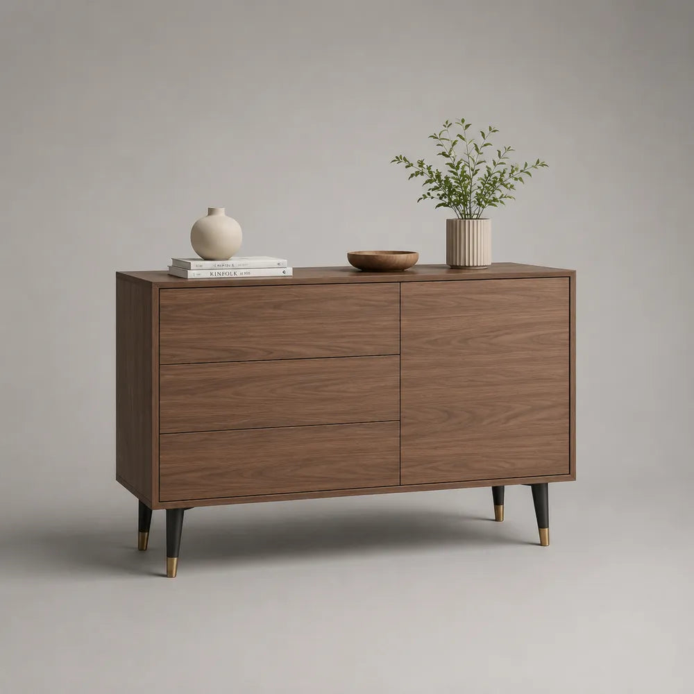 Credenza in MDF effetto rovere chiaro con 3 cassetti e anta laterale struttura rettangolare con gambe in legno massello 120 cm x 40 cm x 85 cm