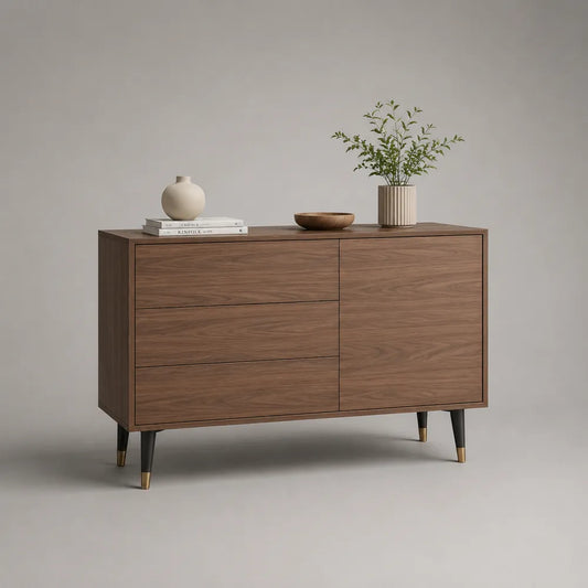 Credenza in MDF effetto rovere chiaro con 3 cassetti e anta laterale struttura rettangolare con gambe in legno massello 120 cm x 40 cm x 85 cm