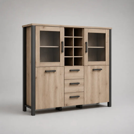 Credenza in MDF effetto rovere chiaro con ante in vetro e portabottiglie struttura rettangolare con gambe in metallo nero 160 cm x 40 cm x 120 cm
