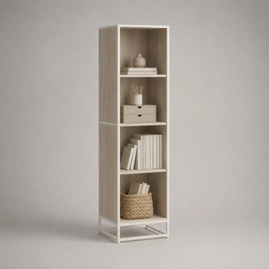 Libreria verticale in metallo verniciato bianco con ripiani in MDF effetto rovere chiaro struttura rettangolare 45 x 30 x 180 cm