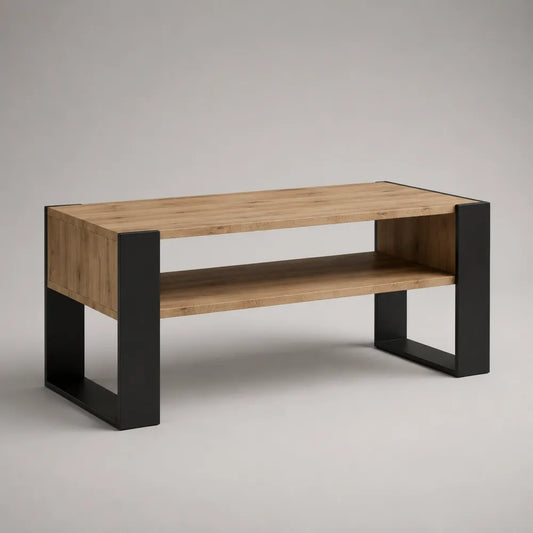 Tavolino da caffè rettangolare in legno effetto rovere naturale con struttura in metallo nero e ripiano inferiore 110 x 60 x 45 cm
