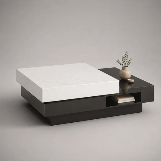 Tavolino da caffè 120 cm x 70 cm x 35 cm con piano effetto marmo bianco e struttura in legno laccato nero con ripiano aperto