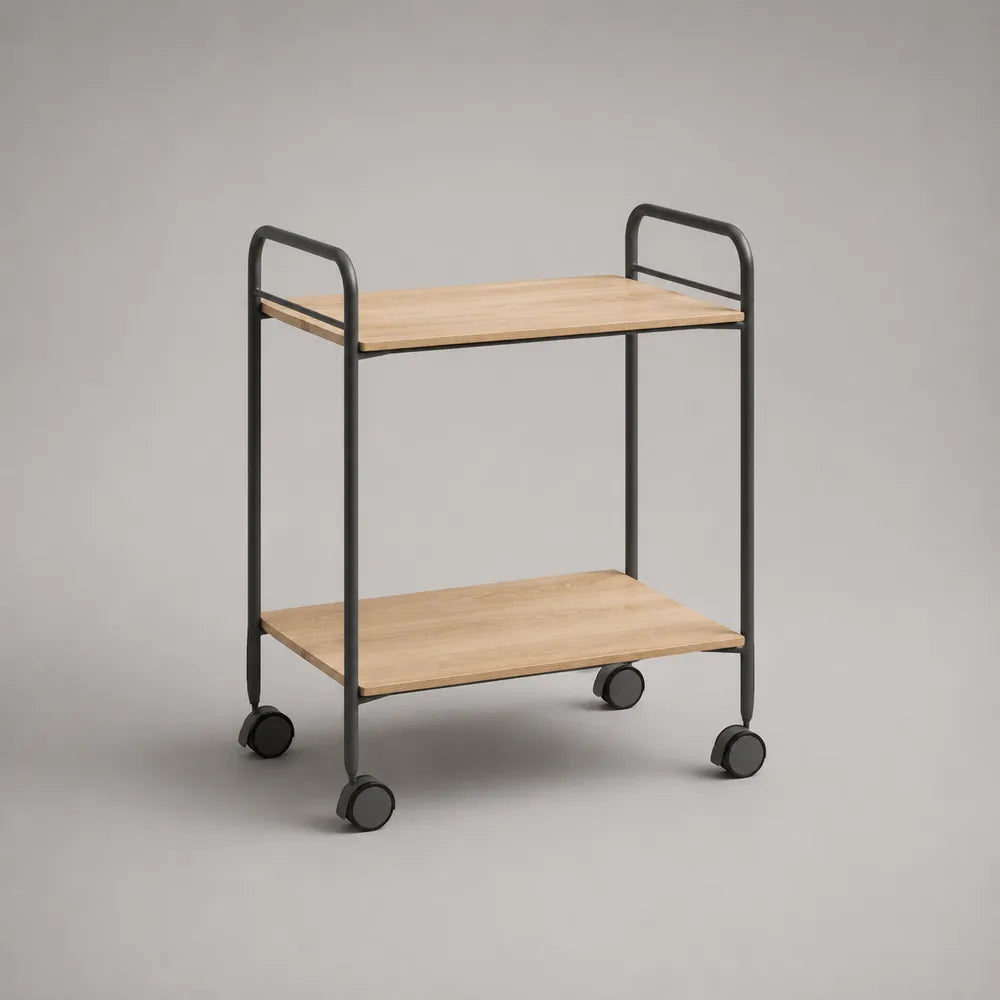 Carrello da cucina con ruote 2 ripiani struttura in acciaio nero e ripiani effetto legno naturale forma rettangolare