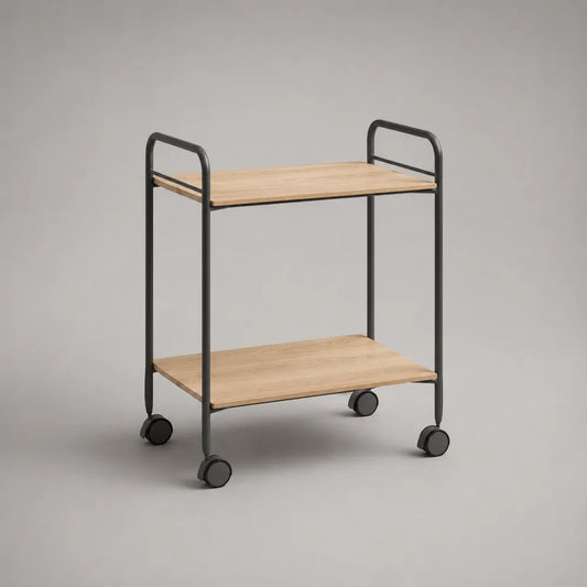 Carrello da cucina con ruote 2 ripiani struttura in acciaio nero e ripiani effetto legno naturale forma rettangolare