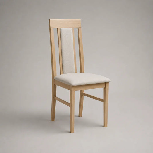 Sedia da pranzo 45x52x92 cm in legno massello di faggio con seduta imbottita tessuto poliestere beige schienale a doghe verticali colore naturale design moderno