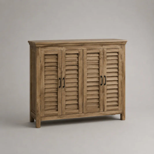 Credenza in legno massello effetto naturale con 4 ante a persiana struttura rettangolare con maniglie in metallo nero circa 160 cm x 40 cm x 85 cm