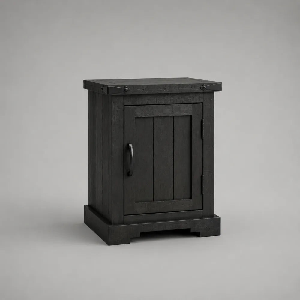 Comodino 1 anta 50x40x60 cm struttura in legno massello finitura nero effetto legno con maniglia laterale forma rettangolare