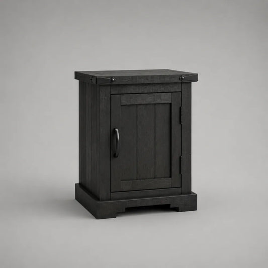 Comodino 1 anta 50x40x60 cm struttura in legno massello finitura nero effetto legno con maniglia laterale forma rettangolare