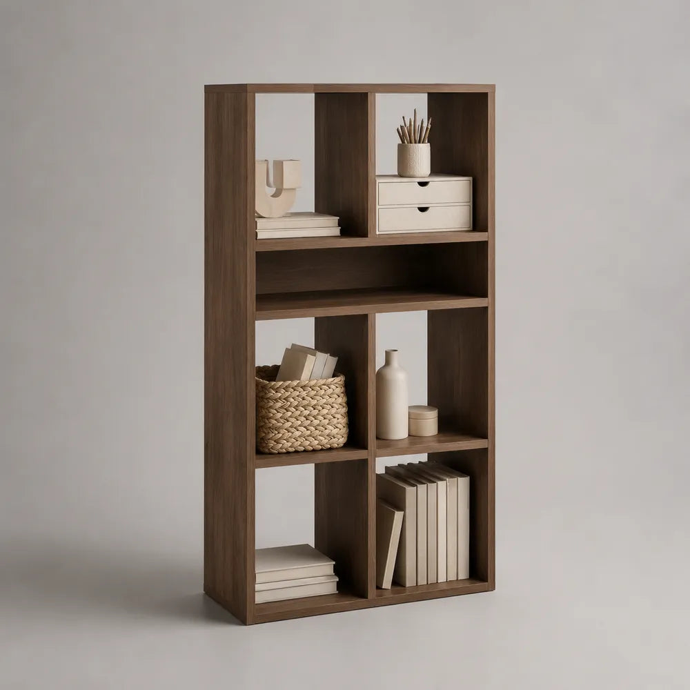 Libreria a cubi aperti in MDF effetto noce scuro struttura rettangolare 80 x 30 x 180 cm con 6 scomparti