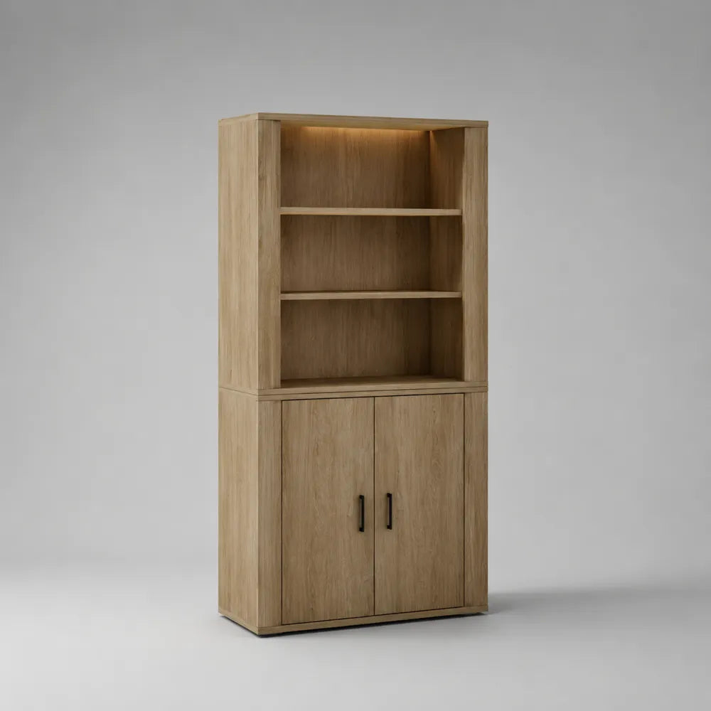 Credenza alta in MDF effetto rovere chiaro con ripiani aperti e luce LED 2 ante struttura rettangolare 90 cm x 35 cm x 200 cm