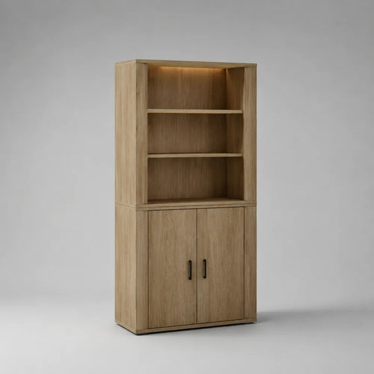 Credenza alta in MDF effetto rovere chiaro con ripiani aperti e luce LED 2 ante struttura rettangolare 90 cm x 35 cm x 200 cm