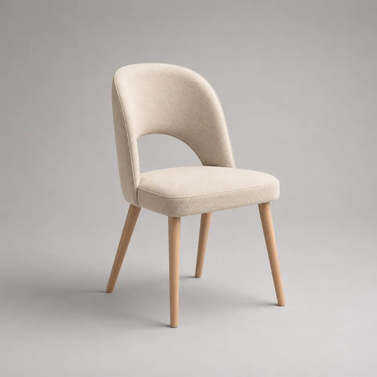 Sedia da pranzo 45x52x80 cm rivestimento in tessuto poliestere beige schienale curvo con apertura struttura in legno massello colore naturale design moderno