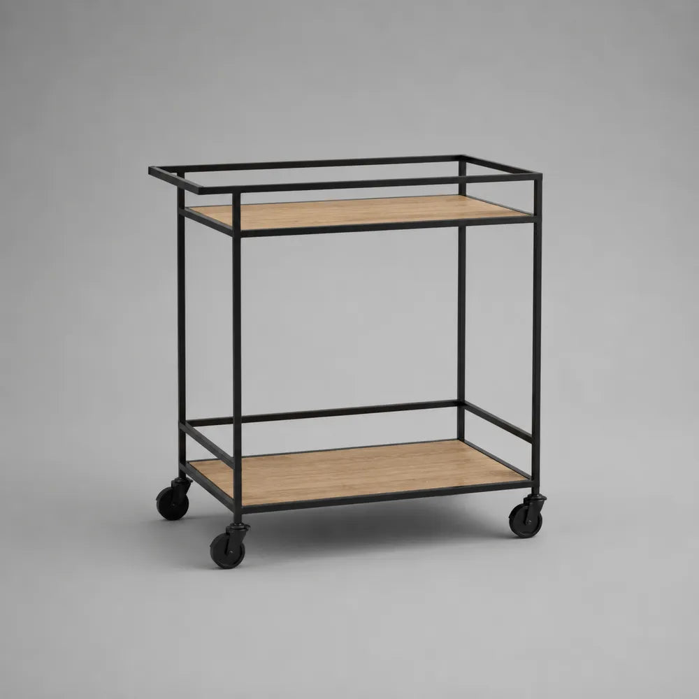 Carrello da cucina in acciaio verniciato nero con ripiani in MDF effetto rovere naturale su ruote piroettanti 60 x 40 x 80 cm